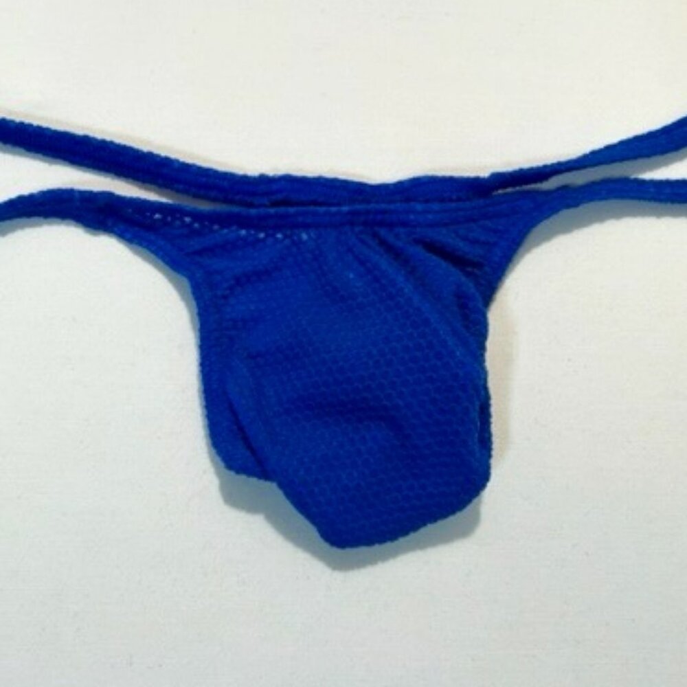 Men's  Waffled See-Through "T-Back" Thong - Blue - Pouch - Picture 5 of 11